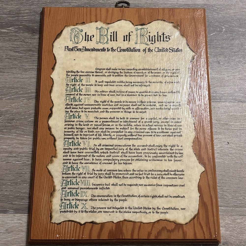 Vintage Bill of Rights Wooden Wall Plaque 15"x11" Decoupage Parchment Style Sign